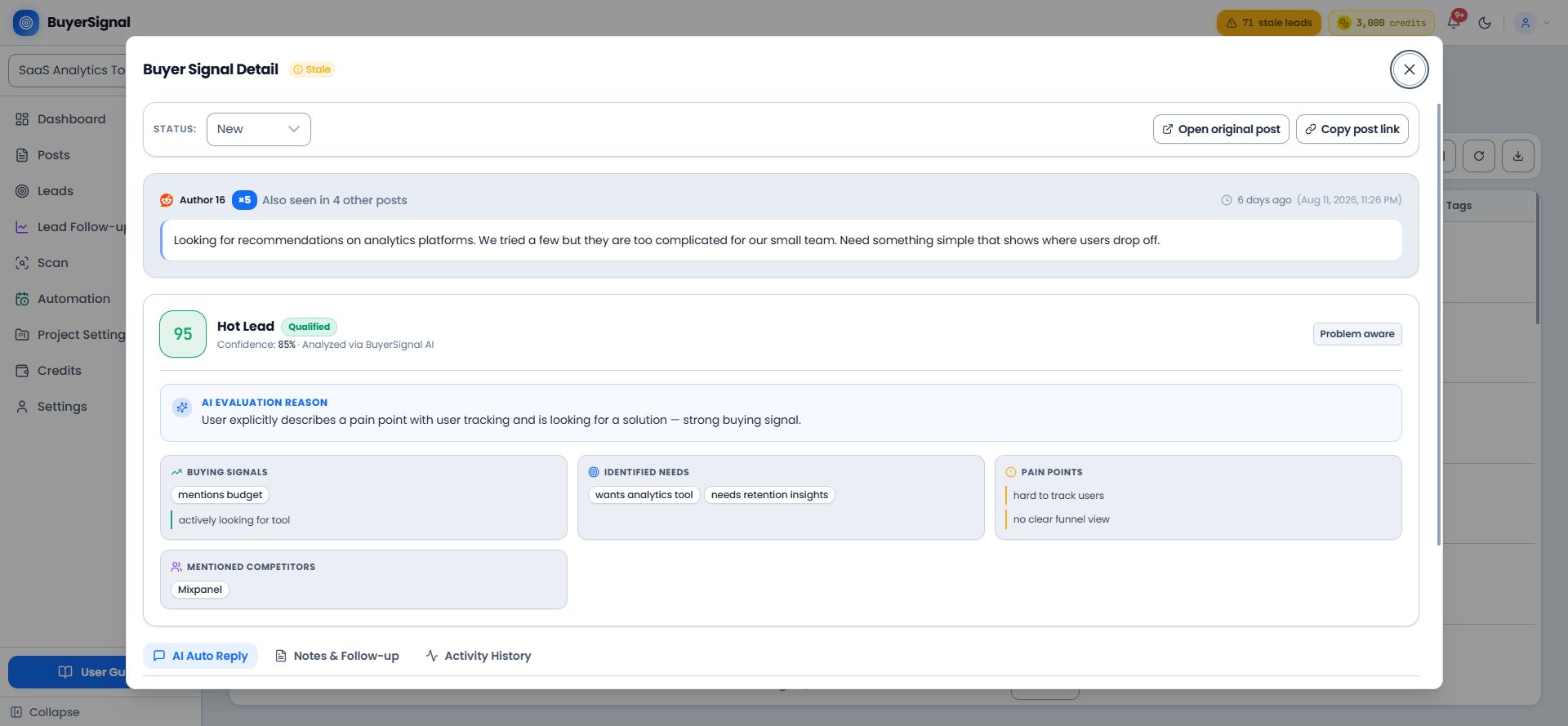 BuyerSignal lead detail screen with AI intent scoring and evaluation reason
