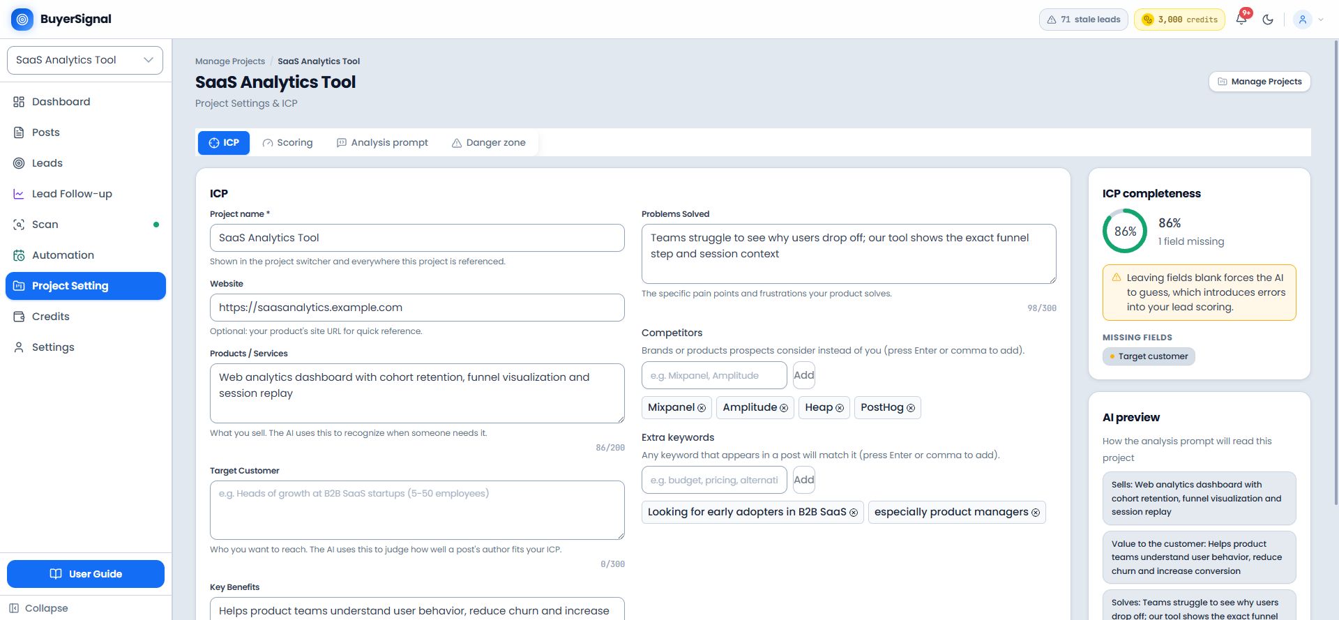 BuyerSignal Project Settings and ICP screen