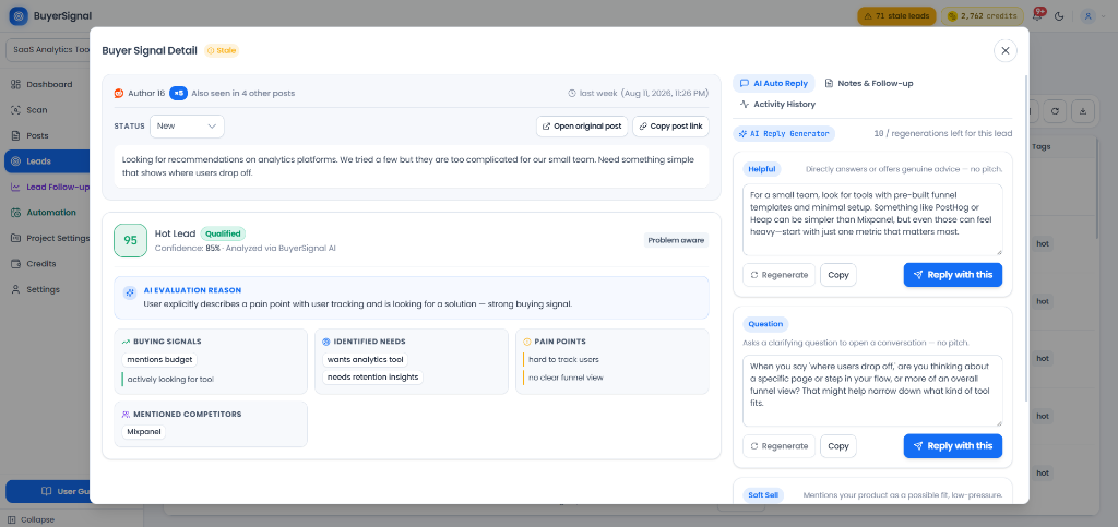 BuyerSignal lead follow-up screen with AI Reply Generator